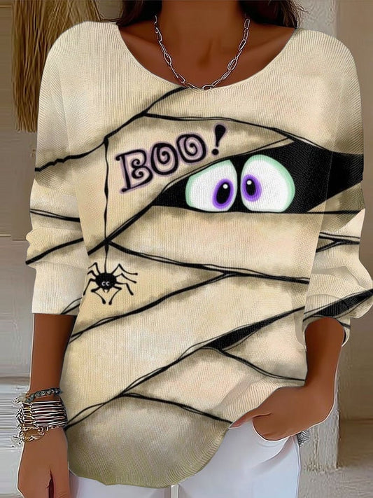 Women'S Retro Halloween Peek Monster Print Long-Sleeve T-Shirt