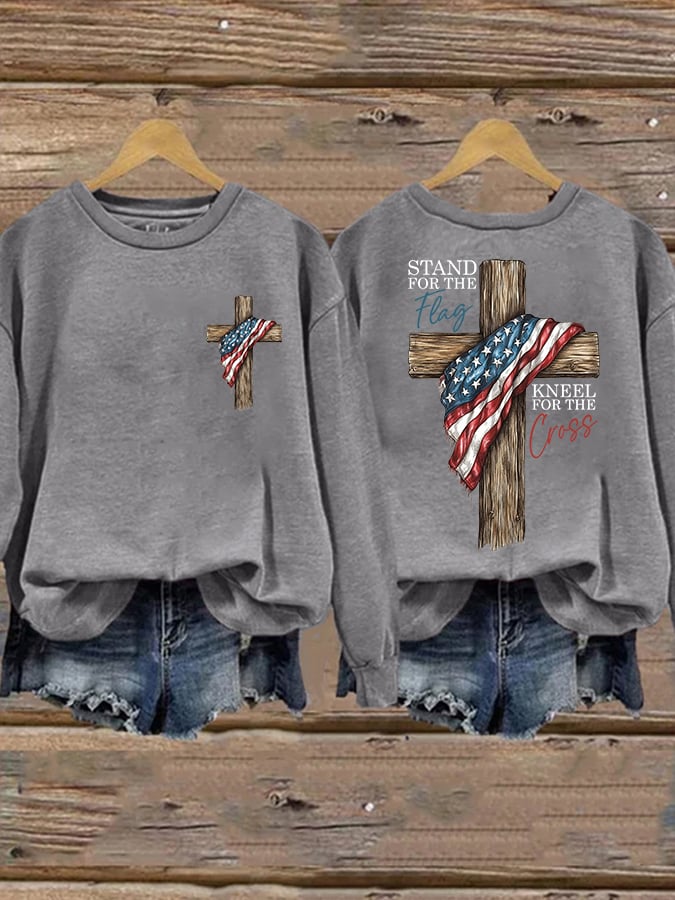 Women's Faith Stand for the Flag, Kneel for the Cross Printed Crew Neck Sweatshirt