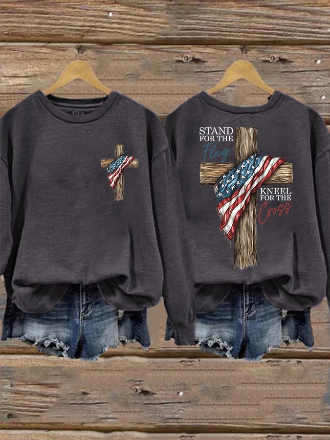 Women's Faith Stand for the Flag, Kneel for the Cross Printed Crew Neck Sweatshirt