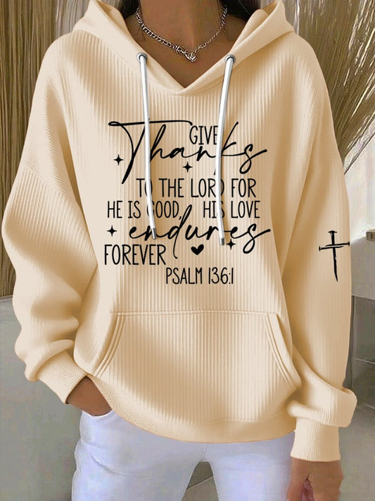 Women'S Give Thanks to the Lord Psalm 136:1 Printed Hoodie Sweatshirt