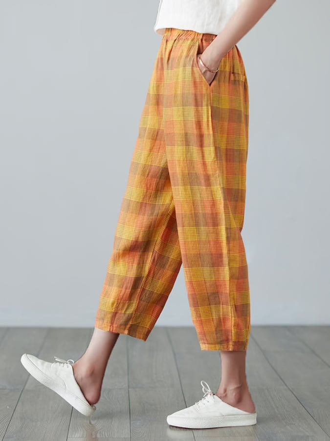 Women‘s Elegant Plaid Pocket Casual Cotton Linen Pants