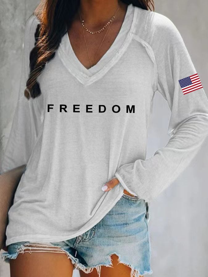 Women's Freedom American Flag Print Casual T-Shirt