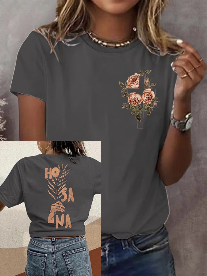 Women's Vintage Hosanna Cross Floral Print Short Sleeve T-Shirt