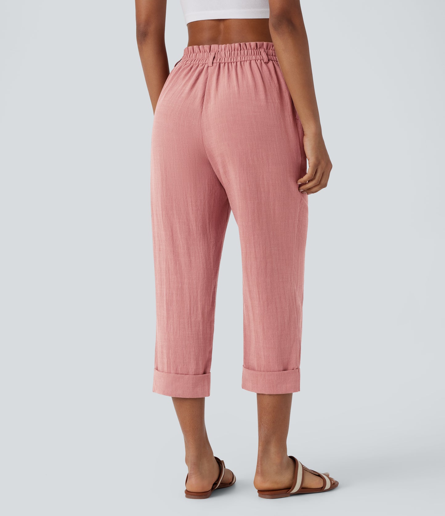 High Waisted Button Zipper Side Pocket Capri Resort Linen-Feel Pants