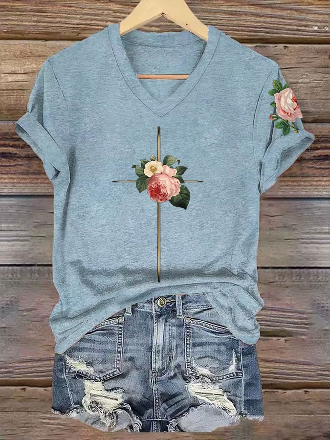 Women's Vintage Floral Metal Cross Print Short Sleeve T-Shirt