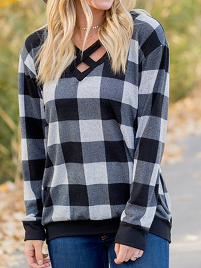 Trendy Check Print Loose Long Sleeve T-Shirt