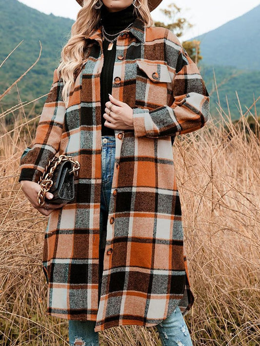Loose Mid-Length Lapel Plaid Shirt