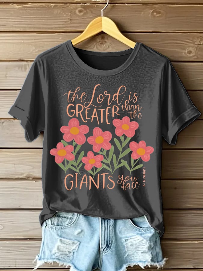 Women's The Lord Is Greater 1 John 4:4 Print Short Sleeve T-Shirt