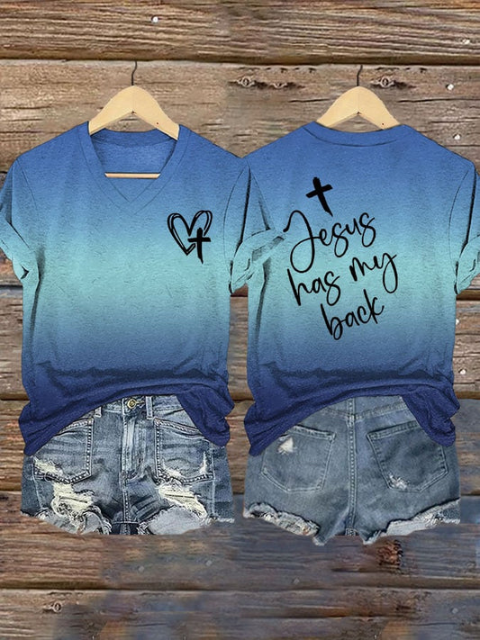 Women's Jesus Has My Back Print V Neck T-Shirt