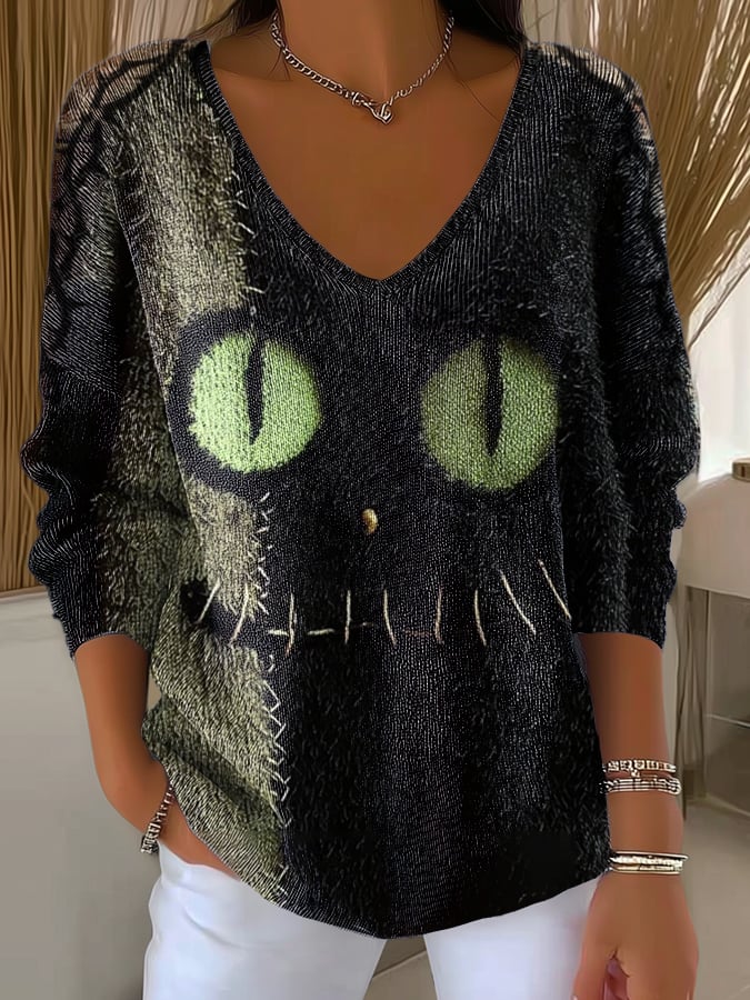 Women's Casual Retro Halloween Cat Print V-Neck Long Sleeve Top