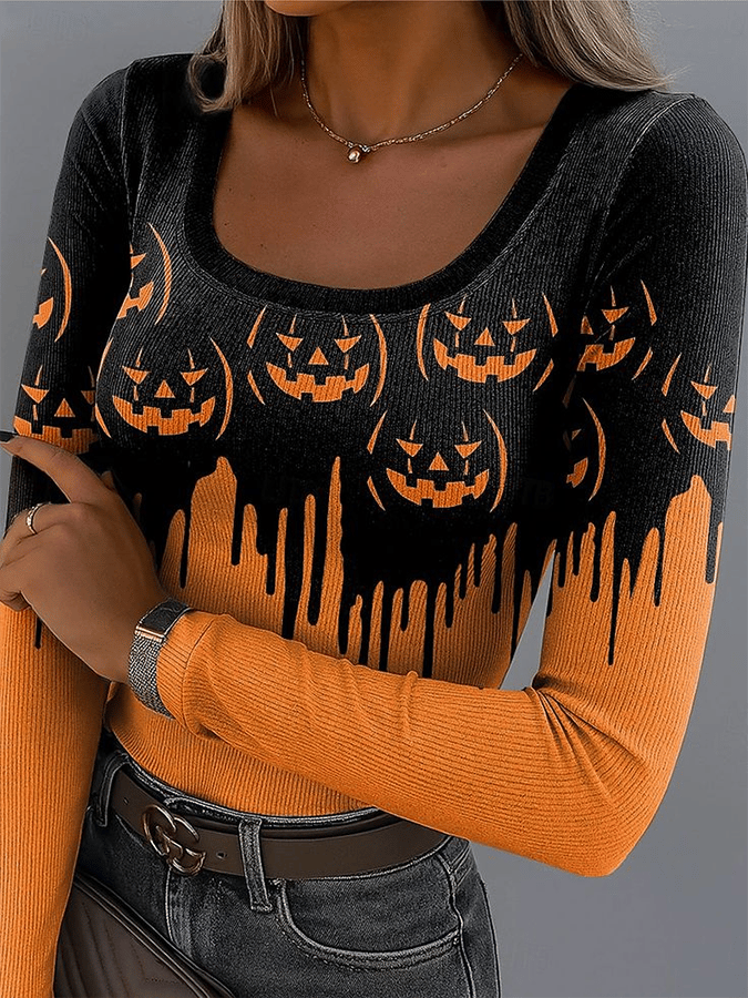Women's Halloween Design Retro Fashion Classic Long-Sleeved Square Neck Pit Strip Fabric Long-Sleeved T-Shirt