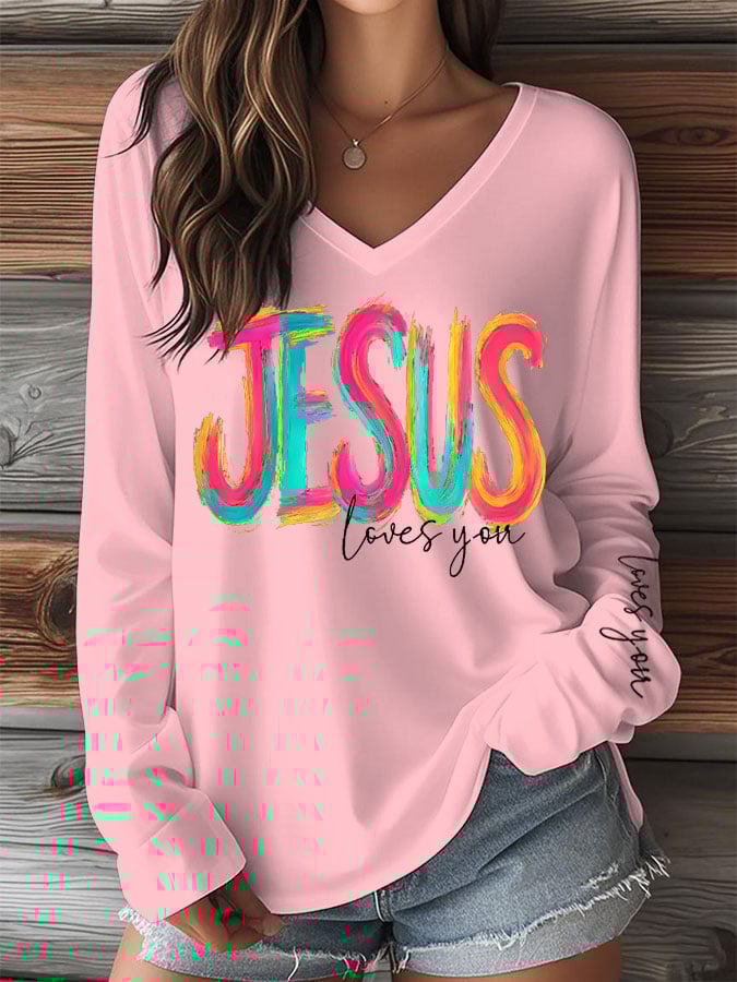 Women's Faith Print V-Neck Long Sleeve T-Shirt