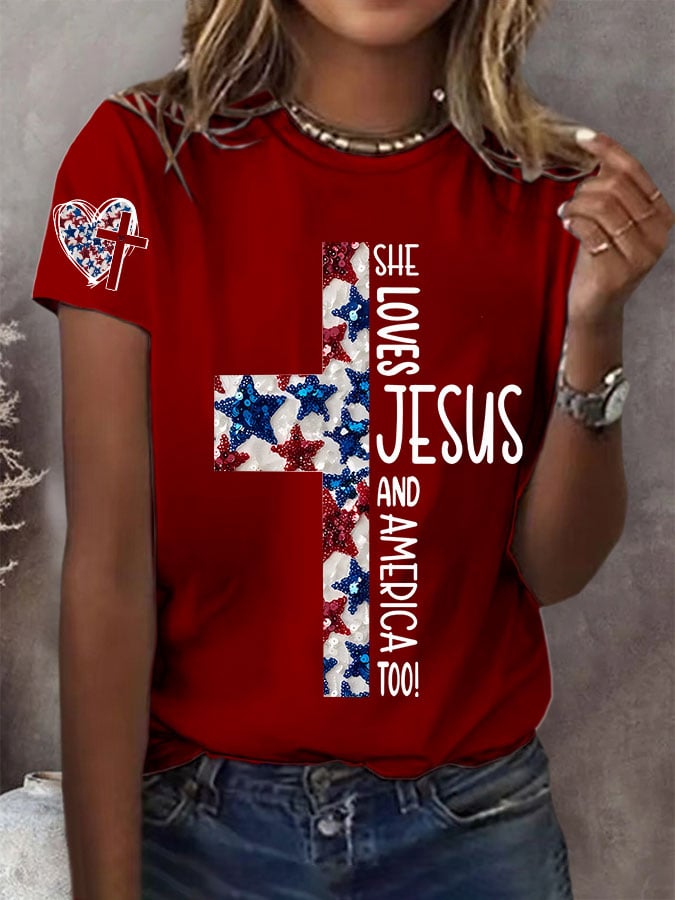 Women's She Jesus And Love America Too! T-Shirt