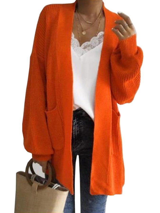 Solid Color Lantern Sleeve Sweater Cardigan