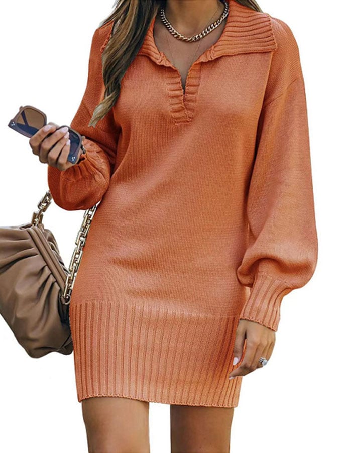 Lapel Balloon Sleeve Pullover Loose Knit Sweater