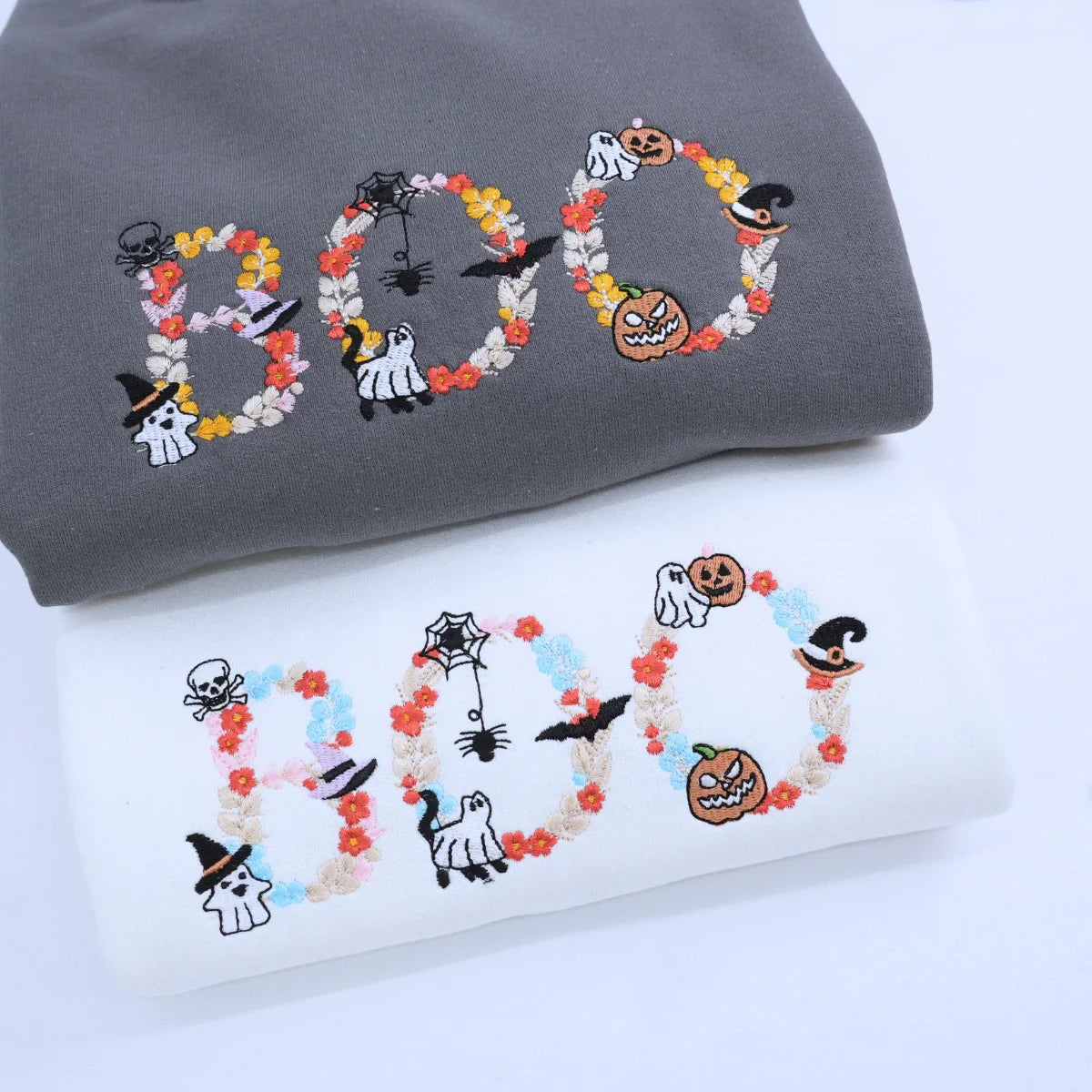 Custom Floral Boo Halloween T-Shirt, Sweatshirt or Hoodie, Cute Ghost Witch Pumpkin, Embroidered Spooky Gift