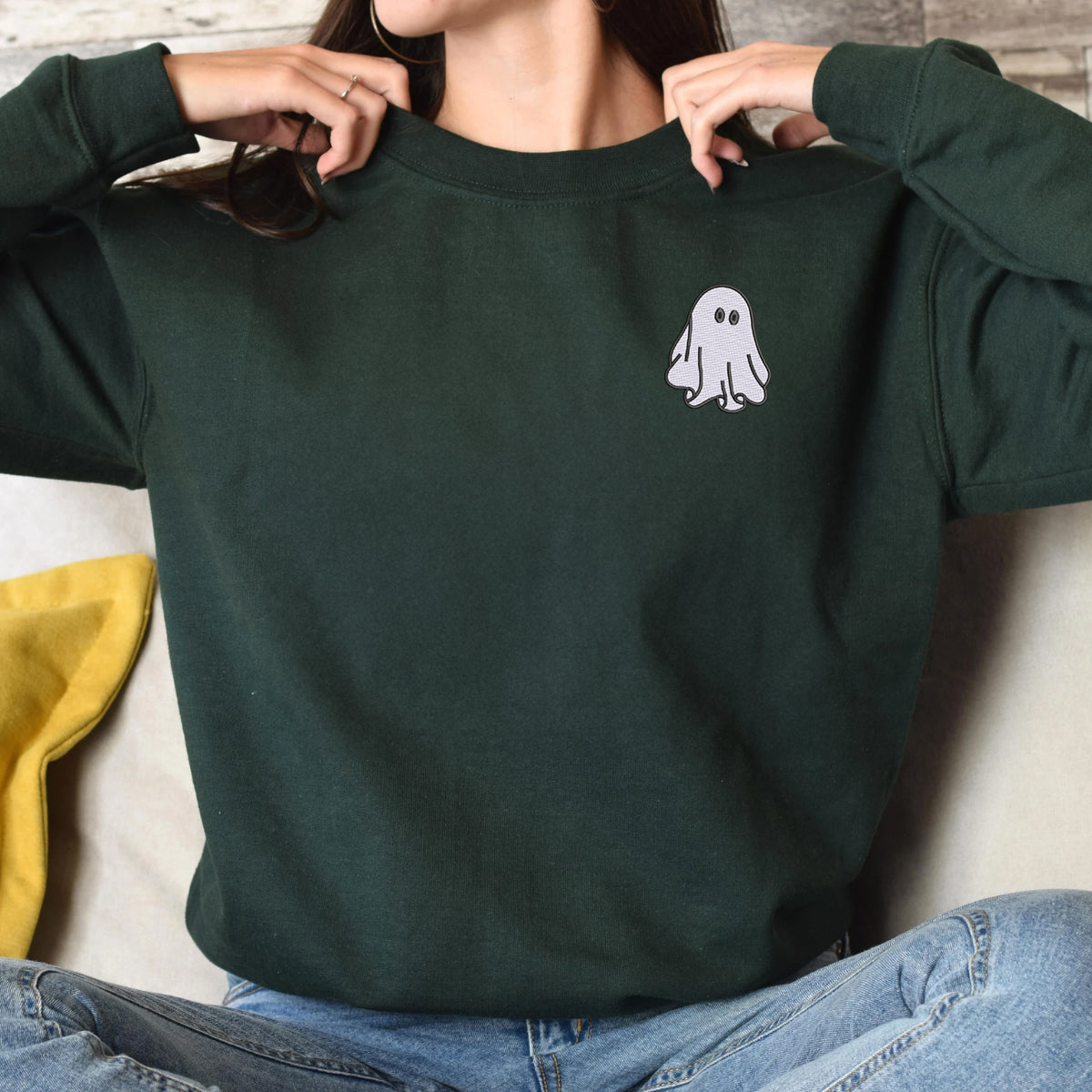 Halloween Couples Ghost Crewneck Embroidered Sweatshirt or Hoodie for Women Men