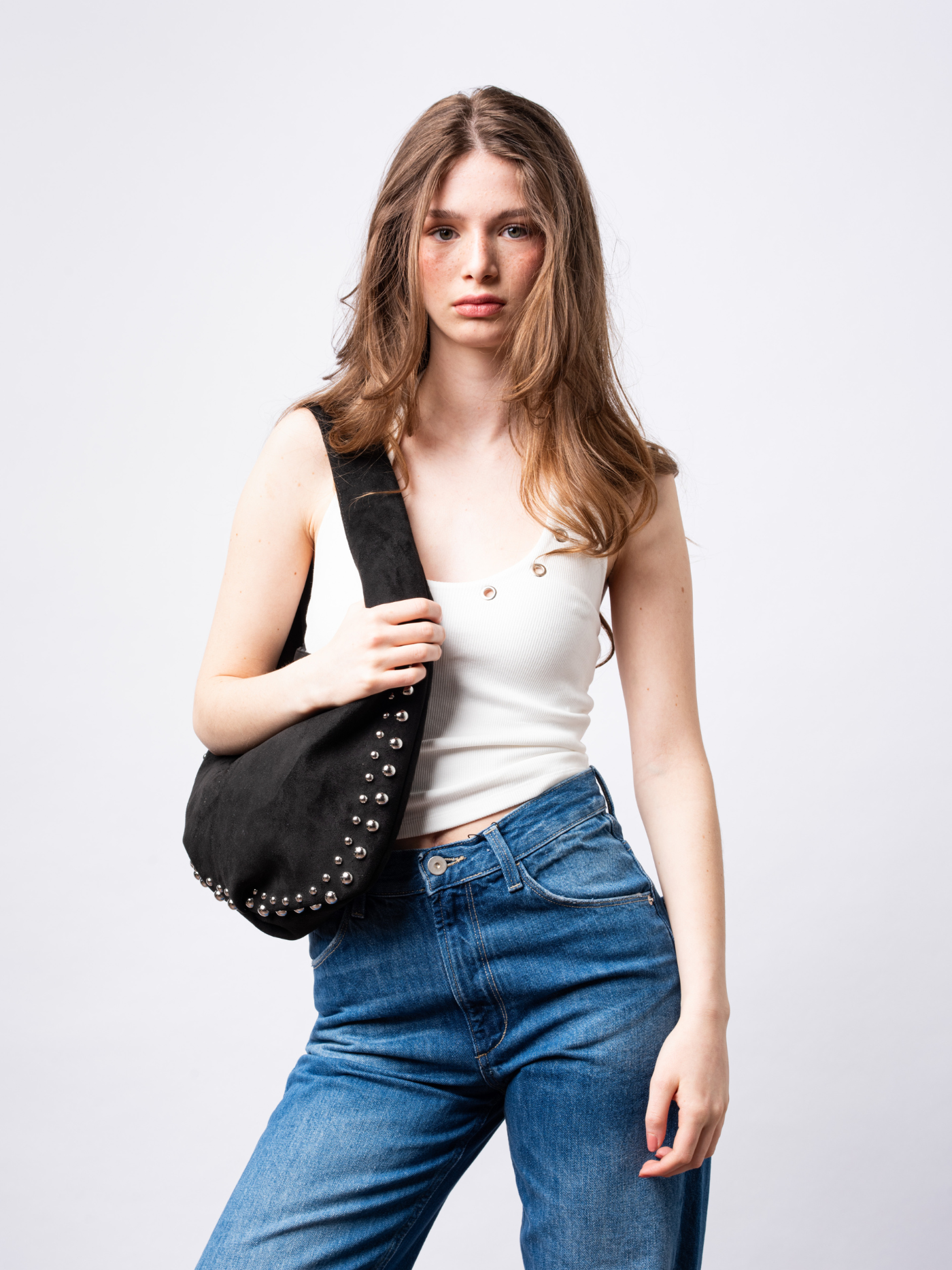 Studded Suede Shoulder Bag