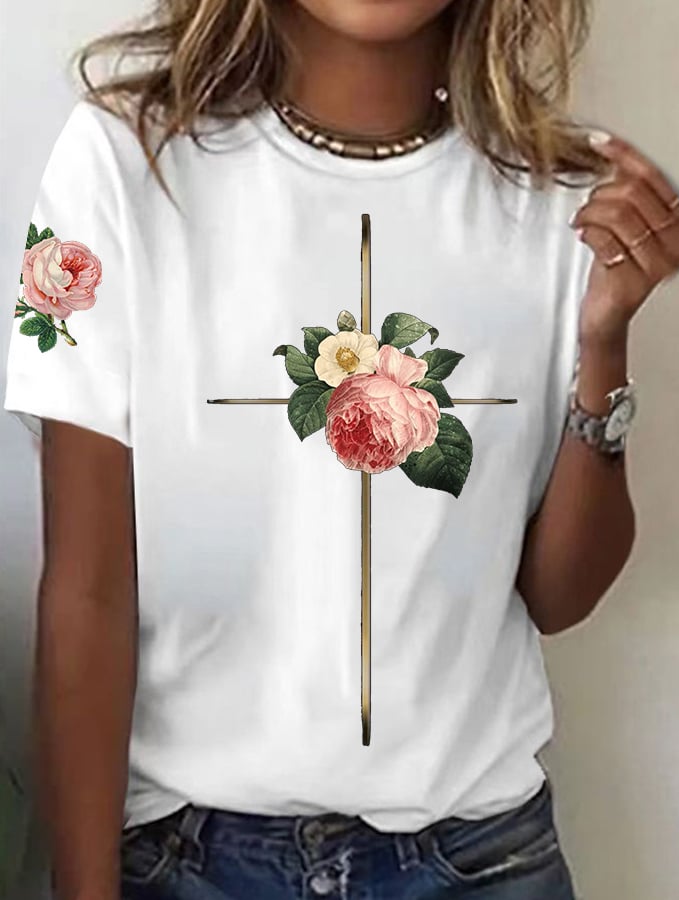 Women's Vintage Floral Metal Cross Print Short Sleeve T-Shirt