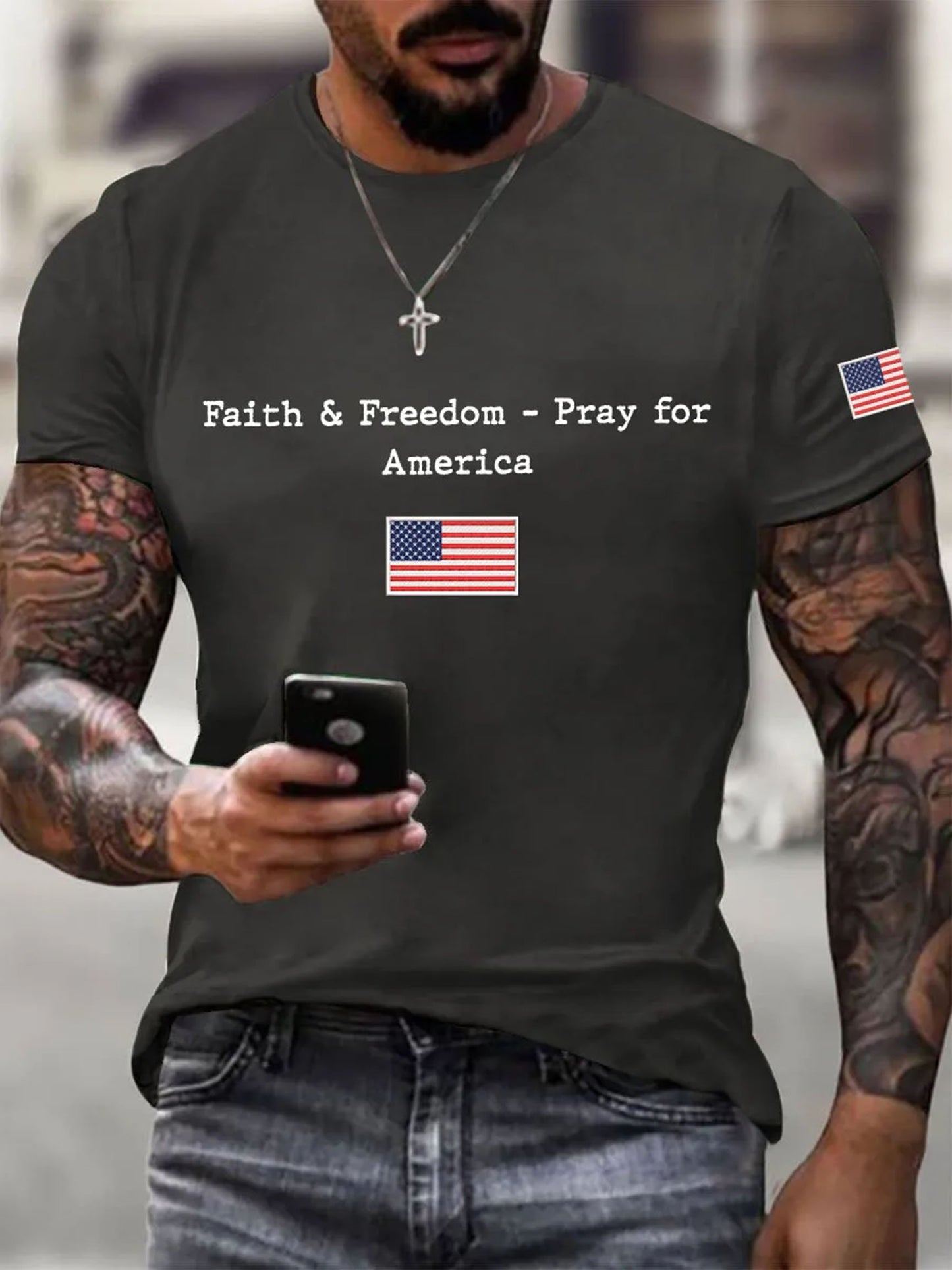 Men's Faith And Freedom Pray For America Printed Round Neck T-Shirt