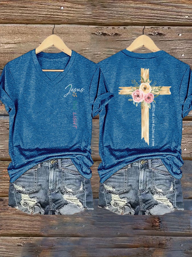 Women's faith cross JESUS IS THE LIGHT printed V-neck T-shirt