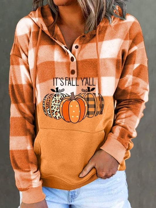 Check Pumpkin Print Casual Hoodie