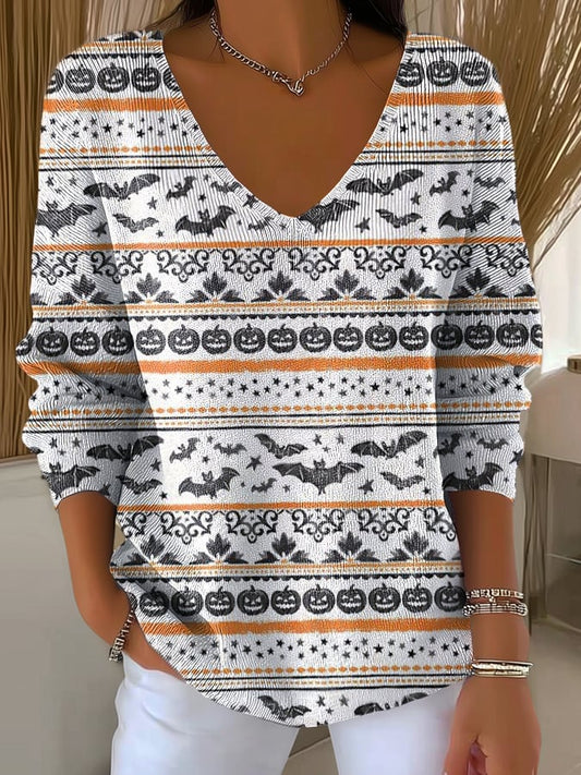 Women's Retro Halloween Design Printed Pit Fabric Fabric Long Sleeve T-Shirt