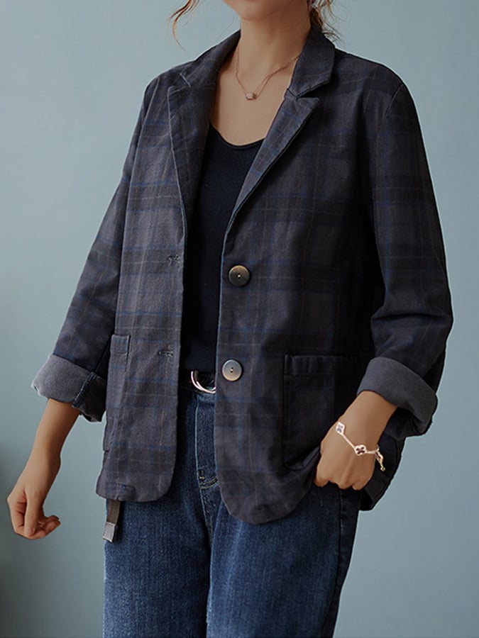 Women'S Cotton Plaid Loose Fit Blazer