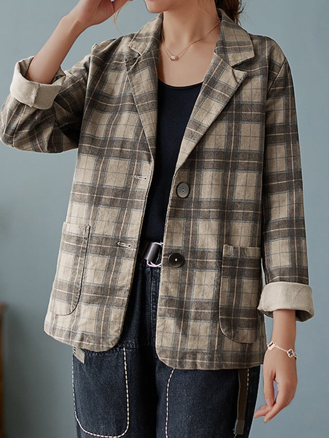 Women'S Cotton Plaid Loose Fit Blazer