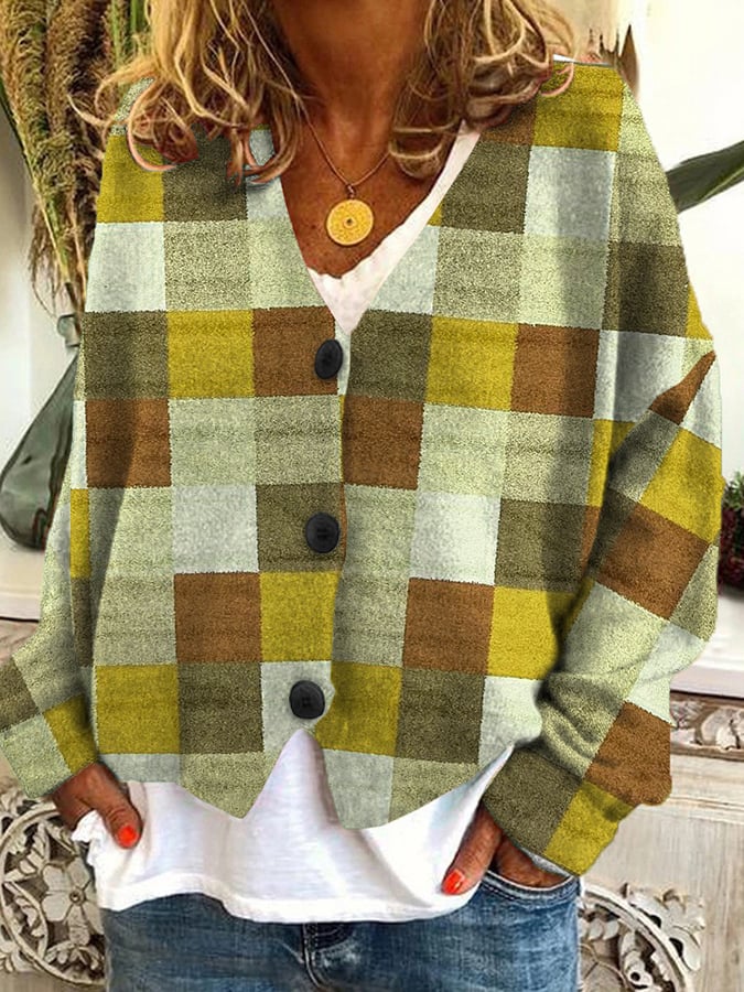 Vintage Check Print Casual Loose Button Flannel Cardigan