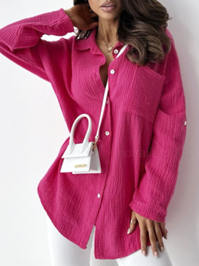 Fashion Solid Color Button Up Loose Rolled-up Sleeve Casual Shirt