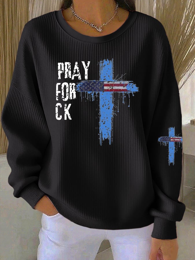 Women's Pray for Charlie  Print Knit Crew Neck Long Sleeve Top