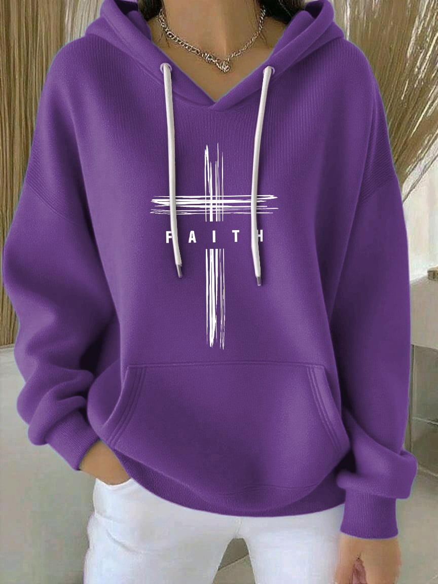 Women's Retro Faith Print Casual Hooded Sweatshirt