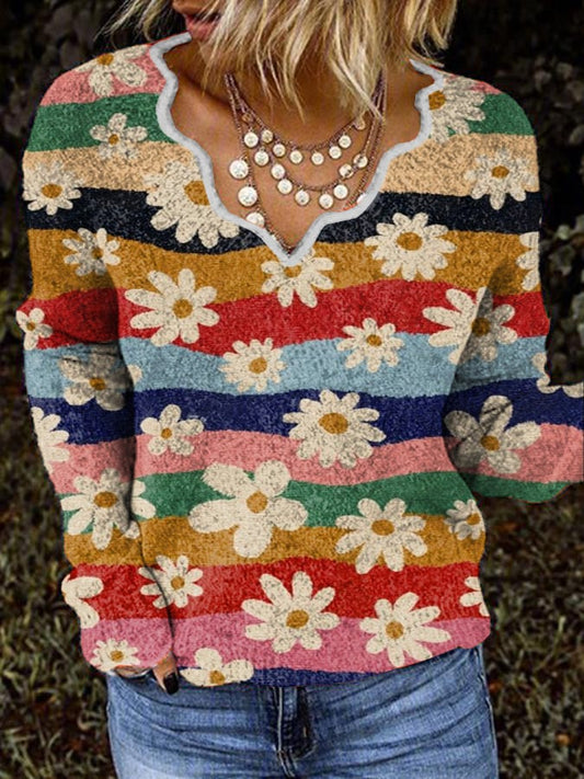 Casual Wave Collar Printed Plush Top