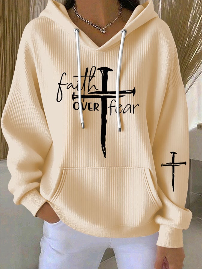 Women's Faith Cross Faith Over Fear Print Casual Hooded Sweatshirt