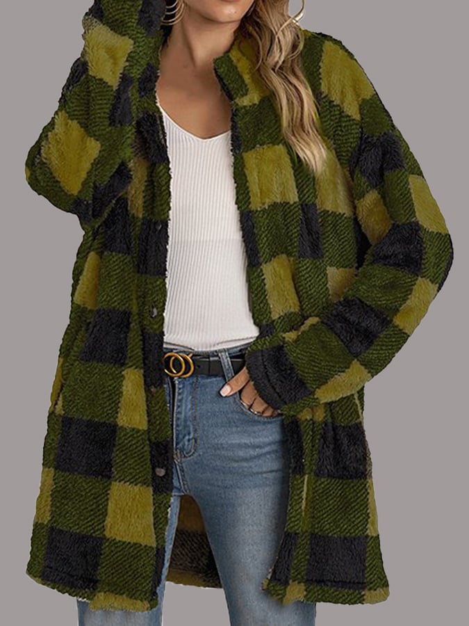 Loose Mid-Length Lapel Plaid Plush Jacket