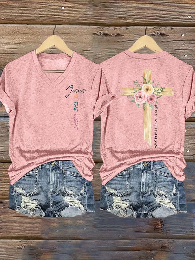 Women's faith cross JESUS IS THE LIGHT printed V-neck T-shirt