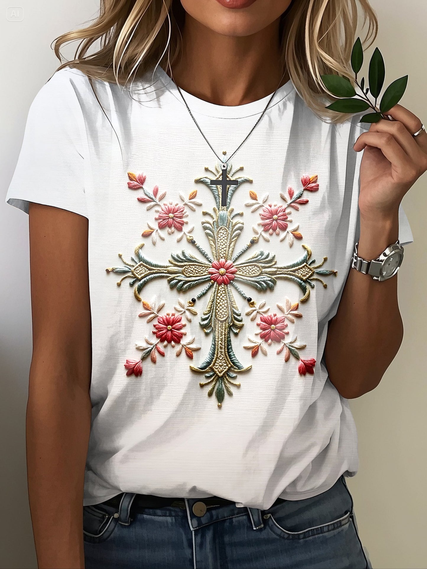 Women's Faith Cross Embroidered Round Neck Short Sleeve T-shirt