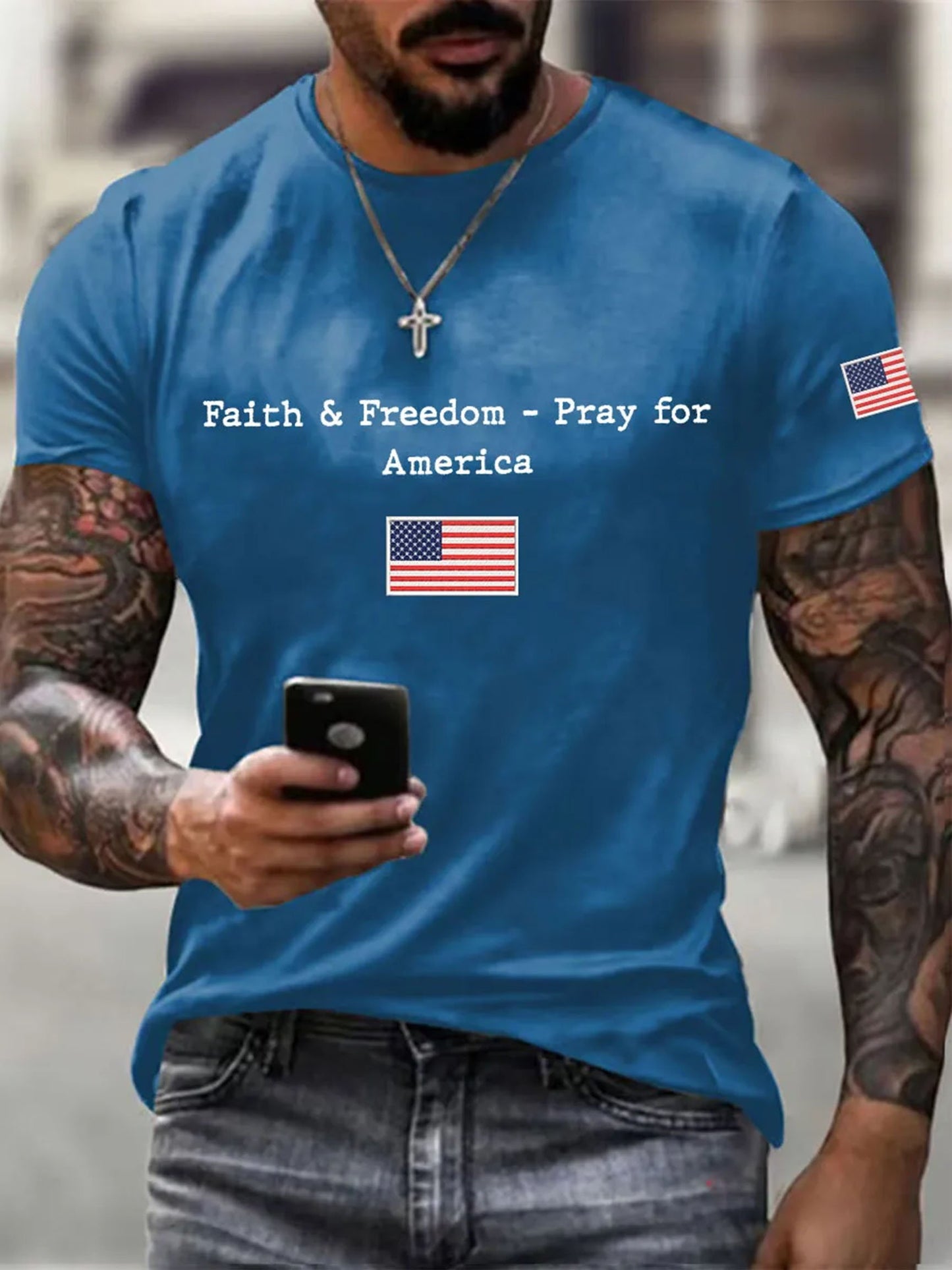 Men's Faith And Freedom Pray For America Printed Round Neck T-Shirt