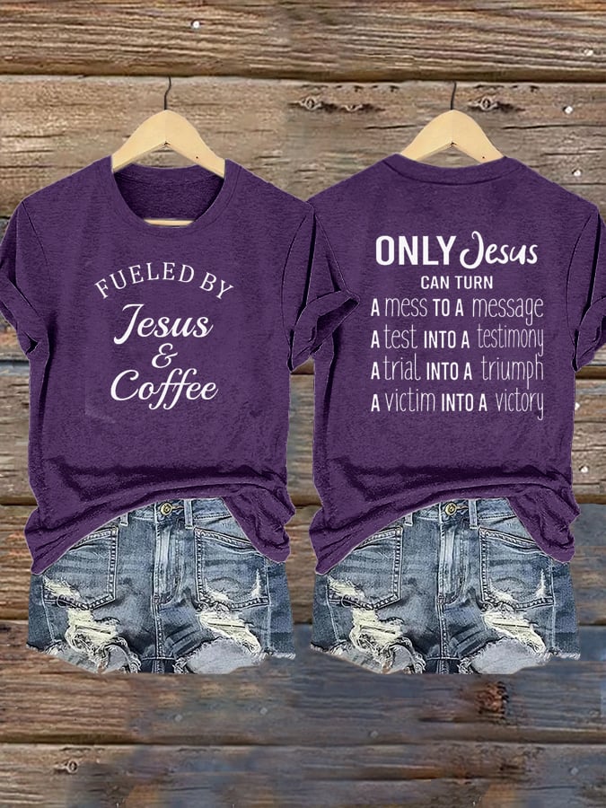 Women's Faith Consciousness God Jesus Coffee Cross V Neck Printed T-shirt Top