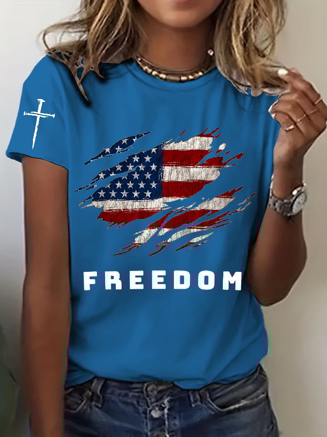 Women's Freedom American Flag Print Casual T-shirt