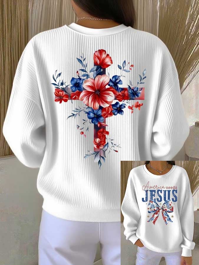 Women's Faith Print Knit Crew Neck Long Sleeve Top
