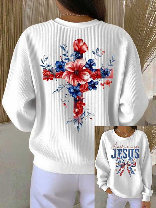 Women's Faith Print Knit Crew Neck Long Sleeve Top