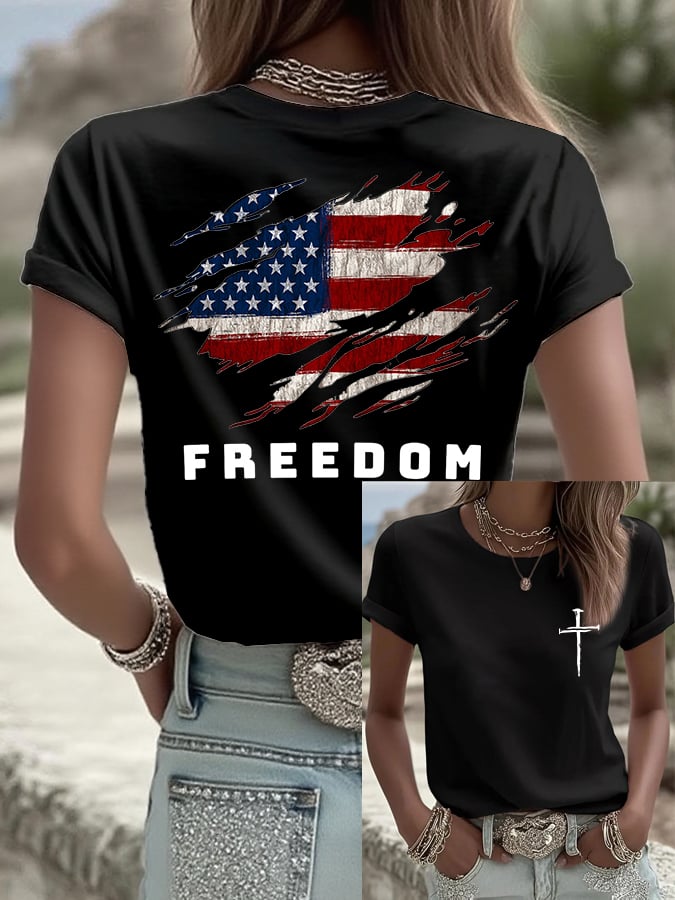 Women's Freedom American Flag Printed Casual T-Shirt