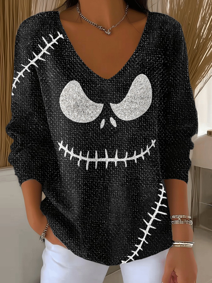 Women's Halloween Ghost Face Print Long Sleeve Top