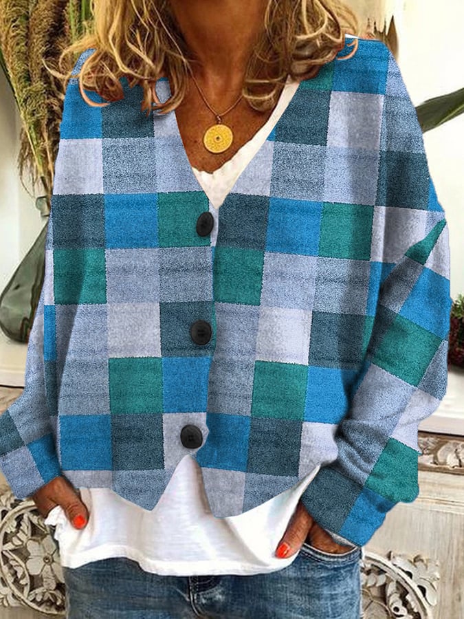 Vintage Check Print Casual Loose Button Flannel Cardigan