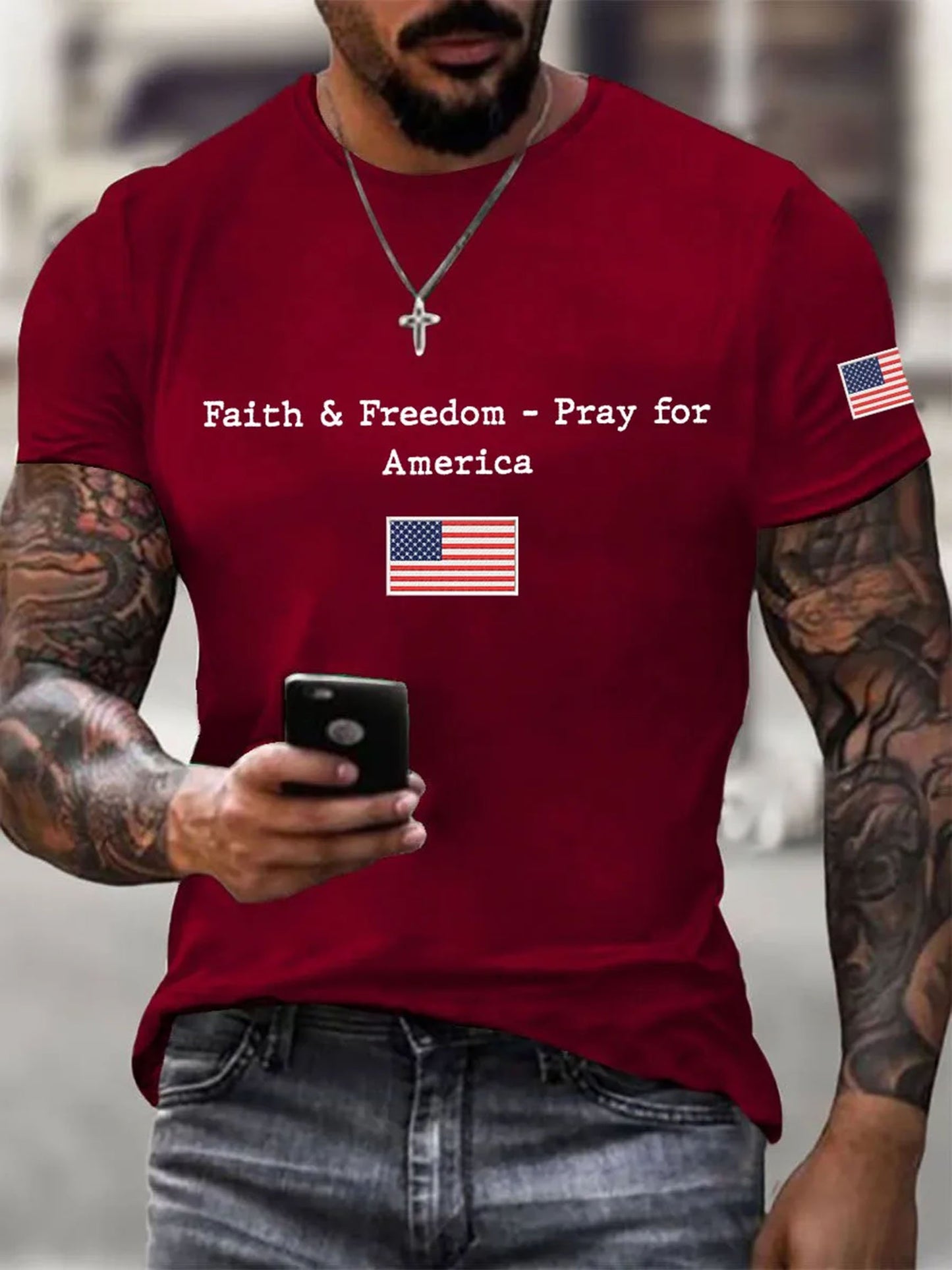Men's Faith And Freedom Pray For America Printed Round Neck T-Shirt