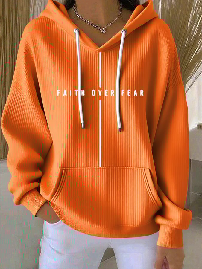 Women's Vintage Faith Faith Over Fear Printed Casual Ribbed Hoodie