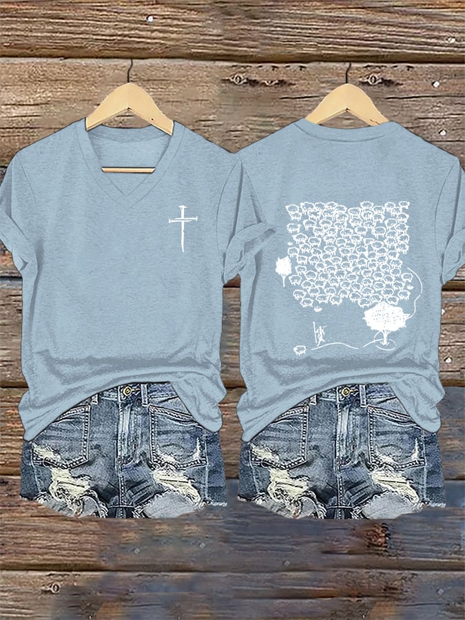 Women's Faith He Left The 99 To Rescue Me printed V-neck T-shirt