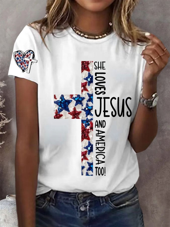 Women's She Jesus And Love America Too! T-Shirt